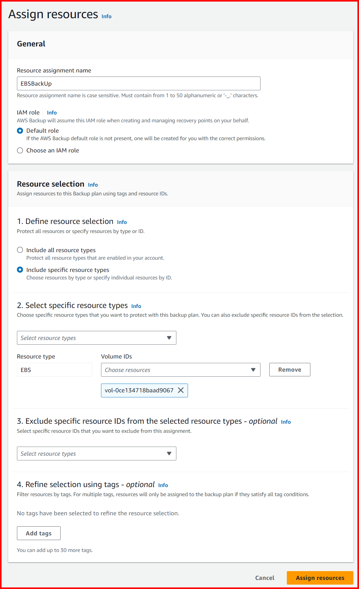 Picture showing the section to assign resources to the backup plan